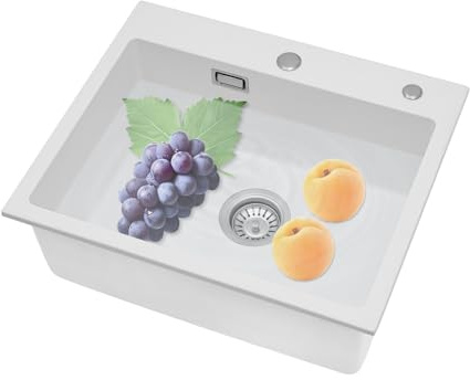 MIUKYUI Fregadero de cocina rectangular de piedra de cuarzo, 55 x 45 cm, con 3 tipos de montaje, montaje en encimera, con cesta de desagüe y tapón de olores, con desagüe giratorio 360°, color blanco