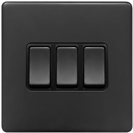 Matte Black 3 Gang Light Switch, 2 Way, 10AX 250V, Flat Plate Design BL306