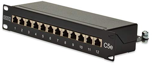 DIGITUS Panneau de brassage Cat. 5e – 12 ports – prises RJ45 – montage en rack 10 pouces 1U – panneau de distribution LSA – blindé – noir