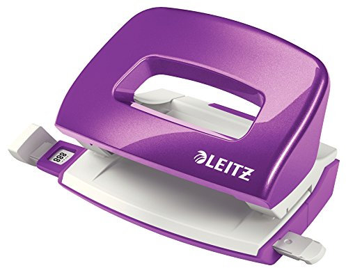 Leitz Mini Locher aus Metall, kleiner Locher für 10 Blatt, Metall, Anschlagschiene mit Formatangaben, Ergonomisches Design, violett, WOW-Serie, 50601062