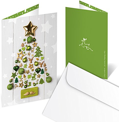 Logbuch-Verlag Set 10 Weihnachtskarten grün gold weiß 11,5 x 17 cm Klappkarten mit Kuvert - Grußkarten Weihnachten weihnachtlich für Kunden Geschäftspartner Weihnachtspost