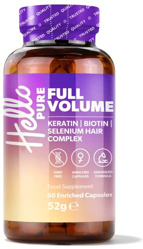 Hello Pure Full Volume Hair Growth Vitamins for Women & Men – 60 Biotin (Vitamin B7) Supplement Capsules - with Keratin, Selenium & Iron, Flaxseed – Skin, Hair & Nails - GMO Free