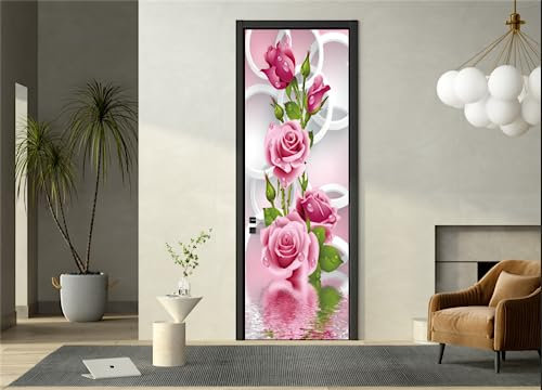 FLFK 3D Kreis Rose Blume Wohnzimmer Türtapete Wandbilder Selbstklebend Tür Poster Vinyl Entfernbar Mauer Aufkleber Zuhause Dekor 77X200CM