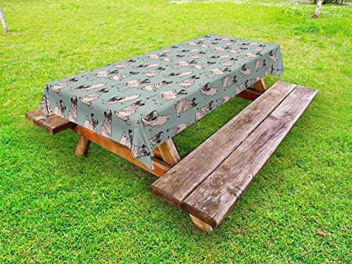 ABAKUHAUS Mops Outdoor-Tischdecke, Sitzen Dehnen Hund, dekorative waschbare Picknick-Tischdecke, 145 x 210 cm, Türkis