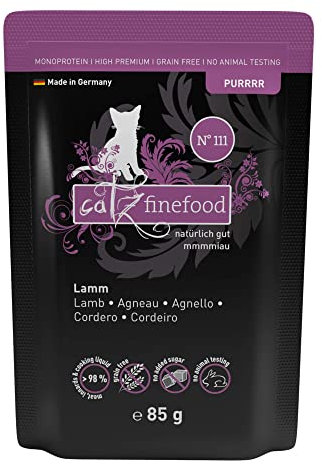 catz finefood Purrrr Lamm Monoprotein Katzenfutter nass N° 111, für ernährungssensible Katzen, 70% Fleischanteil, 16 x 85 g Beutel