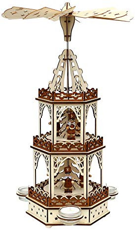 Holz Teelichtpyramide in Natur/braun mit 3 Etagen, für 3 Teelichte, L/B/H: 19 x 16,5 x 42 cm, Motiv: Bergleute.