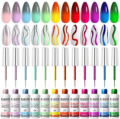 RARJSM Nail Art Gel Polishes Set 12 Colours,Temperature Color Changing Painted Line Art Gel Nail Polish Set,Mood Changing Gelpolish Pink Orange Gray for Fall Winter DIY Design Curing Required 8ml