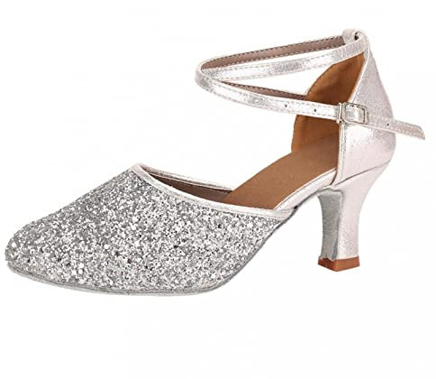 Celucke Tanzschuhe Damen Strass Latein Tanzen Square Dance Sandalen Bühnenschuhe Blockabsatz Pumps Glänzend Mode Brautschuhe Niedrige Absätze Party Schuhe Abendschuhe Frauen Hochzeitsschuhe 35-41