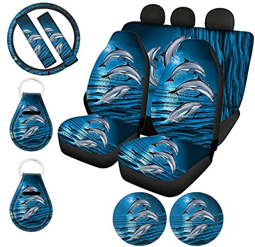 HUIACONG Delphin Sitzbezüge für Auto für Frauen, komplettes Set, Ocean Lenkradbezug, Sicherheitsgurtkissen, Untersetzer, Schlüsselanhänger, Auto-Dekor-Zubehör