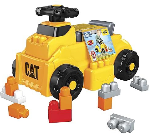 MEGA HDJ29 - Mega Bloks CAT Rutschfahrzeug, Bauspielzeug für Kleinkinder, 10 große Bauklötze, 1 Aufsitzfahrzeug mit freidrehendem Lenkrad & 4 Bauflächen, Konstruktionsspielzeug für Kinder ab 1 Jahr