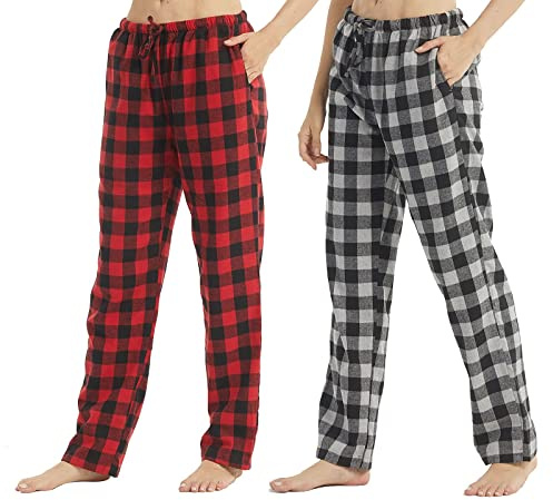 YUSHOW 1-2er Pack Schlafanzughose Damen Lang Baumwolle Winter Flanell Karierte Pyjamahose Weich Warm Pajama mit Taschen und Kordelzug