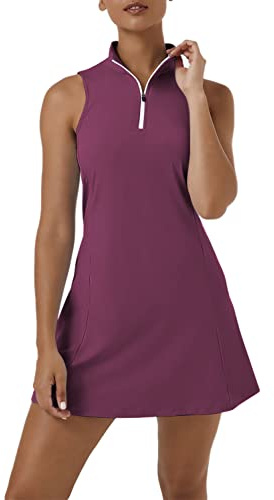 Tennis Dress for Women, Tennis Golf Dresses with Built in Shorts and Pockets for Sleeveless Workout Athletic Dresses, A-red Violet, Large