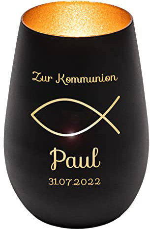 Windlicht mit Gravur zur Kommunion | Schwarz/Gold | Fisch | Personalisiertes Kommunionsgeschenk Junge Mädchen Buben | Tischdeko und Geschenk zur Erstkommunion | Teelichthalter