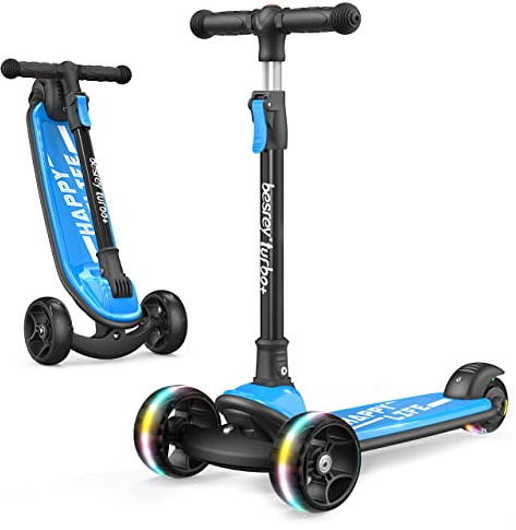 besrey Kick Scooter for Kids Ages 3-10, 3-Wheel Folding Scooter with Adjustable Height, LED Light Wheels, Extra Wide Deck for Outdoor Activities