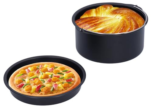 Jenngaoo 2 Pezzi Accessori Friggitrice ad Aria, Antiaderente Aria Friggitrice Torta Barile in Acciaio al Carbonio Teglia Rotonda Torta Barile Tonda Pizza Pan per Cucina Cottura Utensili Accessori