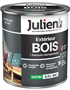 Julien Peinture Bois Microporeux Extérieur Satin - Portes, fenêtres, portails, mobilier de jardin - Gris Anthracite 0,5 L