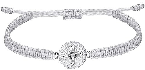 J.Endéar Mandala Armband für Damen Mädchen Silber 925, Handgemachtes Geflochtenes Kordelarmband Verstellbar, Yoga Meditation Buddhistischer Amulett Geschenk, Grau