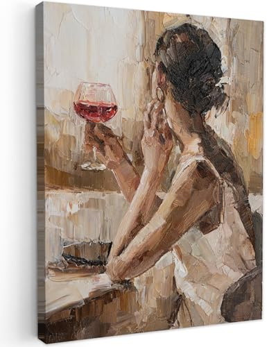 MuchoWow© Leinwand Deko Schlafzimmer Aesthetic Leinwandbilder Wohnzimmer | 60x80 cm - Gemälde Foto Geschenk Living Room Decoration Moderne Kunstdruck Wanddeko - Ölfarbe - Frau - Wein
