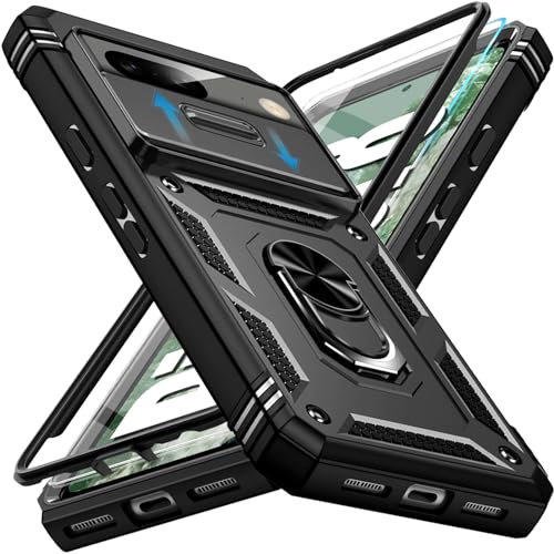 Giyer für Google Pixel 8 Hülle mit Schutzfolie, Handyhülle Pixel 8 5G mit Kameraschutz Kartenschlitz 360° Metall Ring Ständer Stoßfest Bumper Schutzhülle für Google 8 Case Cover Tache (Schwarz)