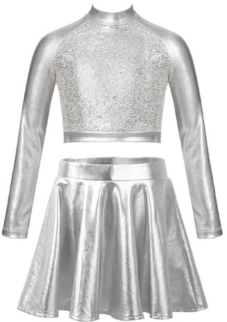 MSemis Mädchen Glänzend Zweiteiler Tanz Outfit Langarm Tanzshirts +Tanzrock Hip-Hop Jazz Tanz Kleidung Silber 134-140