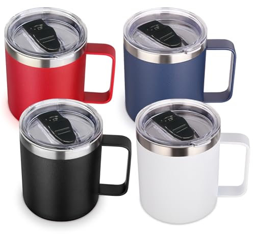 Volhoply 14oz Insulated Stainless Steel Coffee Mug with Lid Bulk 4 Pack,Double Wall Vacuum Travel Coffee Cup with Handle,Reusable Metal Tumbler,Camping Mugs Keep Hot,Christmas Gifts(Assorted,4)
