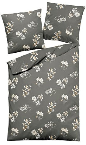 JACK by Dormisette Edel Biber Kuschel Bettwäsche 2 TLG. Blumen Anthrazit Weiß Grau Hellbraun, Größe:135x200cm Bettwäsche