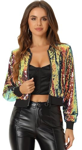Allegra K Damen Bomberjacke Langarm Glitzer Pailletten Party Jacke Orange M