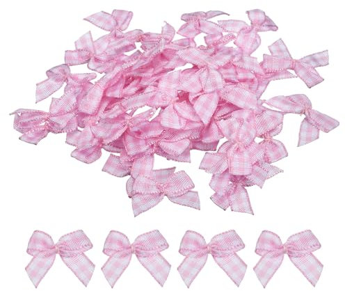 QUARKZMAN 100 Stück Mini Schleifen 25mm Karierte Stoff-Satinband Klein Weihnachtsschleifen Vintage Bogen zum Basteln DIY Haar Geschenk Nähen Hochzeit Geburtstag Weihnachtsdeko, Rosa Weiß