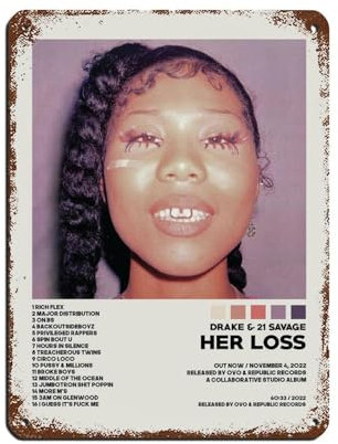 NTRECS Drake Poster Her Loss, Poster, Albumcover, Poster, Blechschild, Vintage, Metall, Pub, Club, Café, Bar, Zuhause, Wandkunst, Dekoration, Poster, Retro, 30 x 40 cm