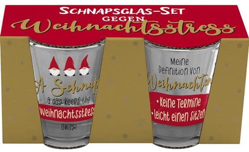 GRUSS & CO Schnapsglas-Set Motiv Weihnachtsstress | Geschenkset bestehend aus 2 Schnapsgläsern, je Glas 6 cl, mit farbigem Druck | lustiges Geschenk, Männergeschenk | 51154