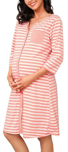Marvmys Chemise de Nuit Allaitement Maternité 3/4 Manche Rayé Boutonnée Robe de Nuit pour Grossesse Femme