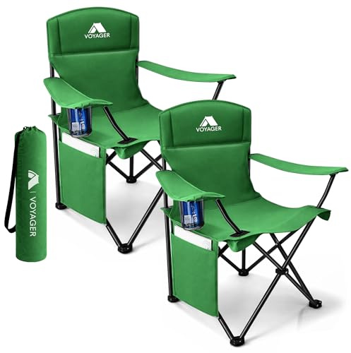 Voyager Folding Camping Chairs 2 Pack with Cooler Bag, Lightweight Q195 Steel Frame, 600D Oxford Fabric, Portable & Comfortable - Black (Green, Pouch/Cooling)