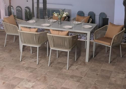 Mendler Gartengarnitur HWC-N41, Tisch+6xStuhl, wetterfest Alu 180x80cm, Seilgeflecht Rope - grau Kissen Taupe