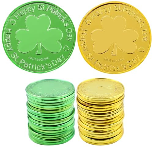 Sarini 40 pièces de monnaie dorées/vertes pour la Saint-Patrick, jetons de trèfle en plastique, pièces de monnaie porte-bonheur Leprechaun, pièce de trèfle à 3 feuilles pour cadeaux de fête Pot-o-gold