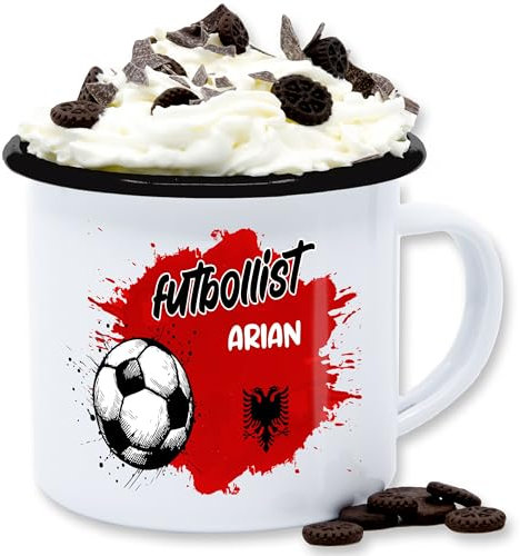 Emaille Tasse Blechtasse - 2024 Fussball EM Fanartikel - Personalisierbares Albanien Motiv | Individuelles Shqipëri Design | Mit eigenem Namen | Albania - 300 ml - Weiß Schwarz - fußball name