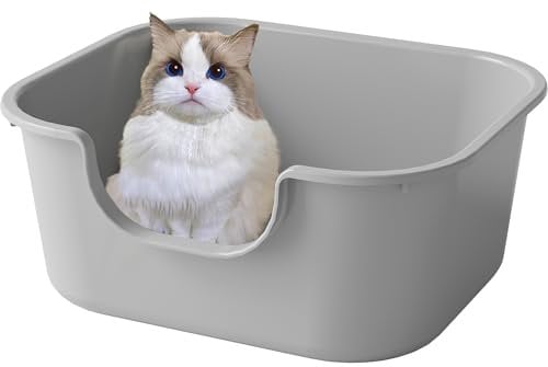 Pawsayes Top Open Cat Litter Tray with High Sided and Low Threshold Entry Cats Litter Box Leak Proof and Cat Litter Splash Prevention Litter Pan (Grey)