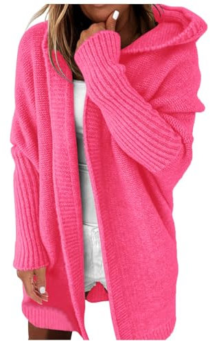 Women's Cardigans Winter Open Front Long Cardigans Loose Fitting Chunky Knit Kimono Hooded Sweater Coat Plus Size Soft Solid Cable Knit Sweater Fall Winter Jumper Jackets (Hot Pink, M)
