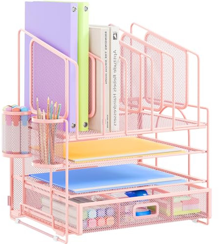 VITVITI 4 in 1 Desk Organiser Tray, 2 Tier Letter Paper Trays, 5 Vertical File Stand, 2 Pen Holders and 1 Drawer for Office Tidy - Pink