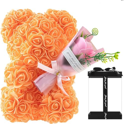 GDJIAYIYI Orsacchiotto di rose, orso di fiori artificiali, regalo di compleanno, per donne, signore, fidanzate, ragazze, mamme, nonne, padri (arancione)