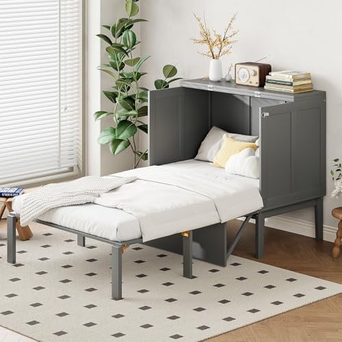 Billg Mobile Letto a Scomparsa Singolo 90x200 cm, Letto da Parete Multifunzione 2 in 1, Moderno Letto per Armadio, Letto a Scomparsa con Ripiani e Rete a doghe, Portata 150Kg, Senza Materasso