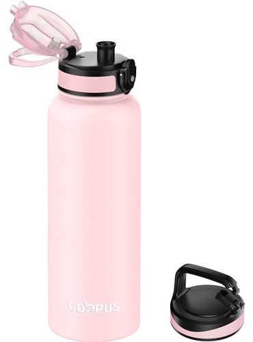 GOPPUS Gourde isotherme en acier inoxydable de 1,2 l avec paille infuseur, 2 couvercles, sans BPA, anti-fuite, convient pour les boissons gazeuses, le vélo, le sport, le thé