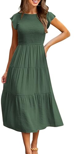 CMTOP Dresses for Women UK Casual Summer Dress Long Crew Neck Ruffle Sleeve Flowy Maxi Dresses Solid Color Elastic Waist Ruched Ladies Dresses Tiered A Line Beach Holiday Sundress(Army Green, L)