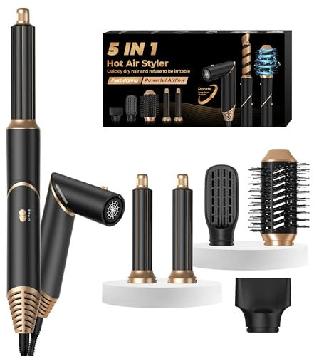 UKLISS Airstyler 5 in 1 Ionen Föhn [60,000 RPM] mit Luft-Lockenstab Warmluftbürste Rundbürstenföhn Locken Föhn Multistyler Hairstyler Haarstyler Ionen Haartrockner Hair Dryer Set für Frauen, Schwarz