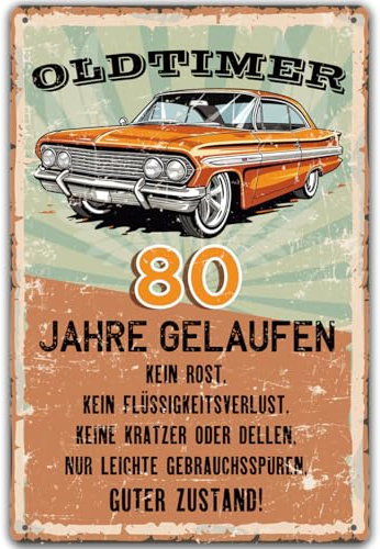 Blechschild 80 Schild Geburtstag, Oldtimer 80 Jahre Gelaufen, Geschenke für den 80 Geburtstag Mann, lustiges Schild 80 Geburtstag Deko als lustige Geburtstagskarte, Vintage Metallschild 20x30 cm