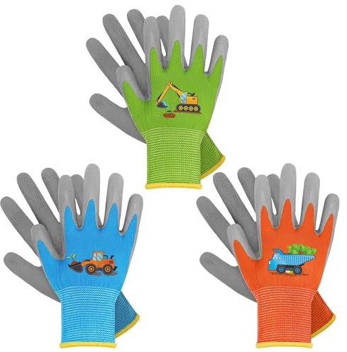 WAWSAM Guantes de jardinería para niños (Verde+Azul+Naranja 2, 3-5 años)