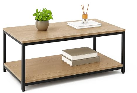 SG Traders Large Coffee Table | Industrial Coffee Table for Living Room | Stylish and Durable 2 Tier Wooden Tables with Storage & Metal Legs | Perfect for Any Room 100x50x45cm (Oak)