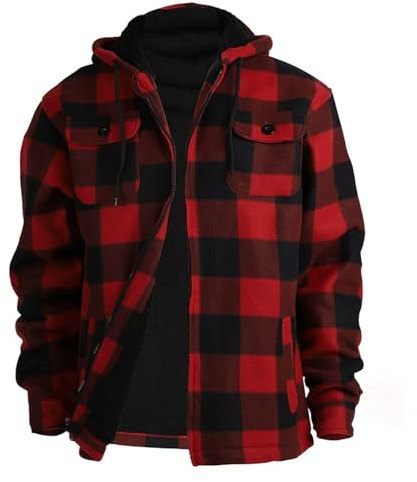 Generisch Veste à capuche de bûcheron doublée pour homme - Veste chaude en polaire Sherpa de style chemise à carreaux - Veste d'extérieur robuste pour l'automne et l'hiver