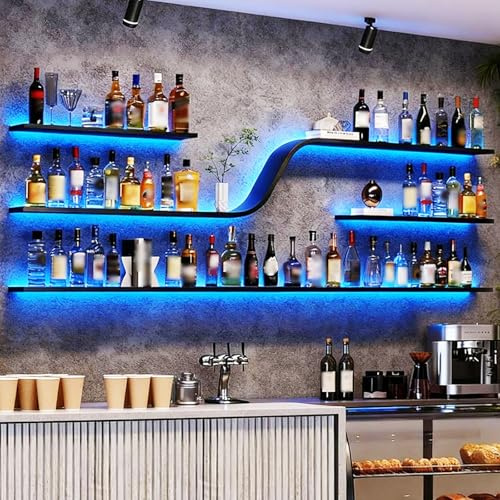 Dernoing Wand Weinregal, Moderne geschwungene schwebende Bar Regal, Wandmontage Wine Display-Ständer, Für bar, Küche, Gastronomie, Küche, Café (Schwarz, 120cm)