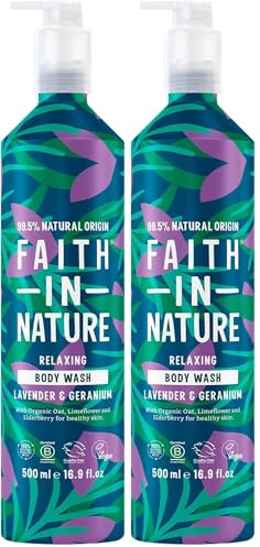 Faith In Nature 500ml Metal Bottle Natural Lavender and Geranium Body Wash, Relaxing Shower Gel, Vegan and Cruelty Free, No SLS or Parabens (Pack of 2)