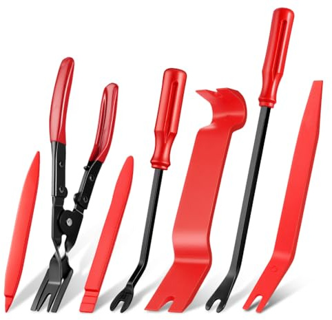 flintronic 7PCS Kit de Herramientas Desmontaje Coche, Rojo | Diversas Herramientas Recorte, Alta Calidad, Diseño Ergonómico, Para Desmontar Audio Vehículo Radio Interior Recubrimiento